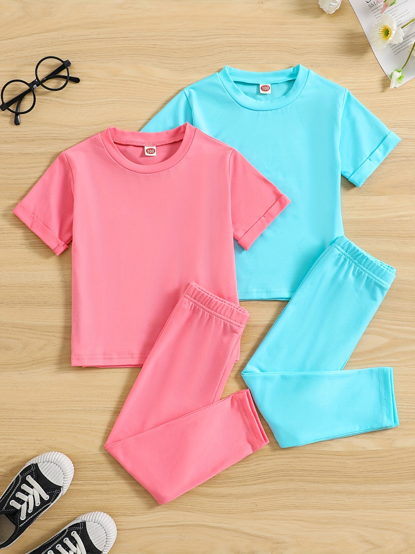 Girl's T shirt Leggings Set Solid Color Short Sleeve Top - Temu