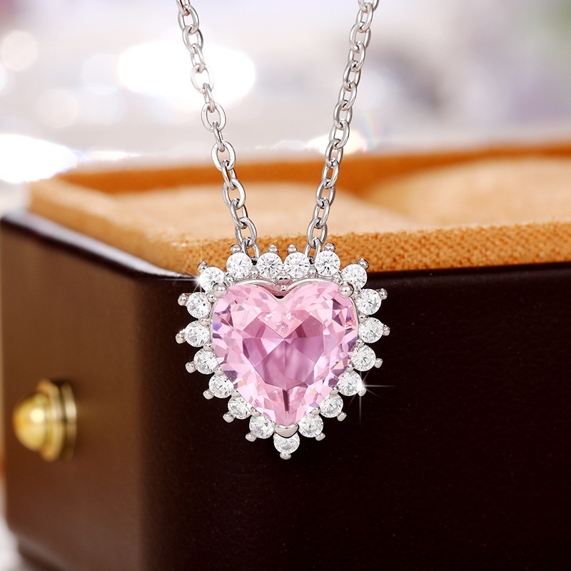 Pink Diamond Necklace Love Collarbone Chain Light Girlfriend Necklace  Birthday Gift Valentines Fashion Jewelry Silver Zircon Pink Heart Necklaces  Gift