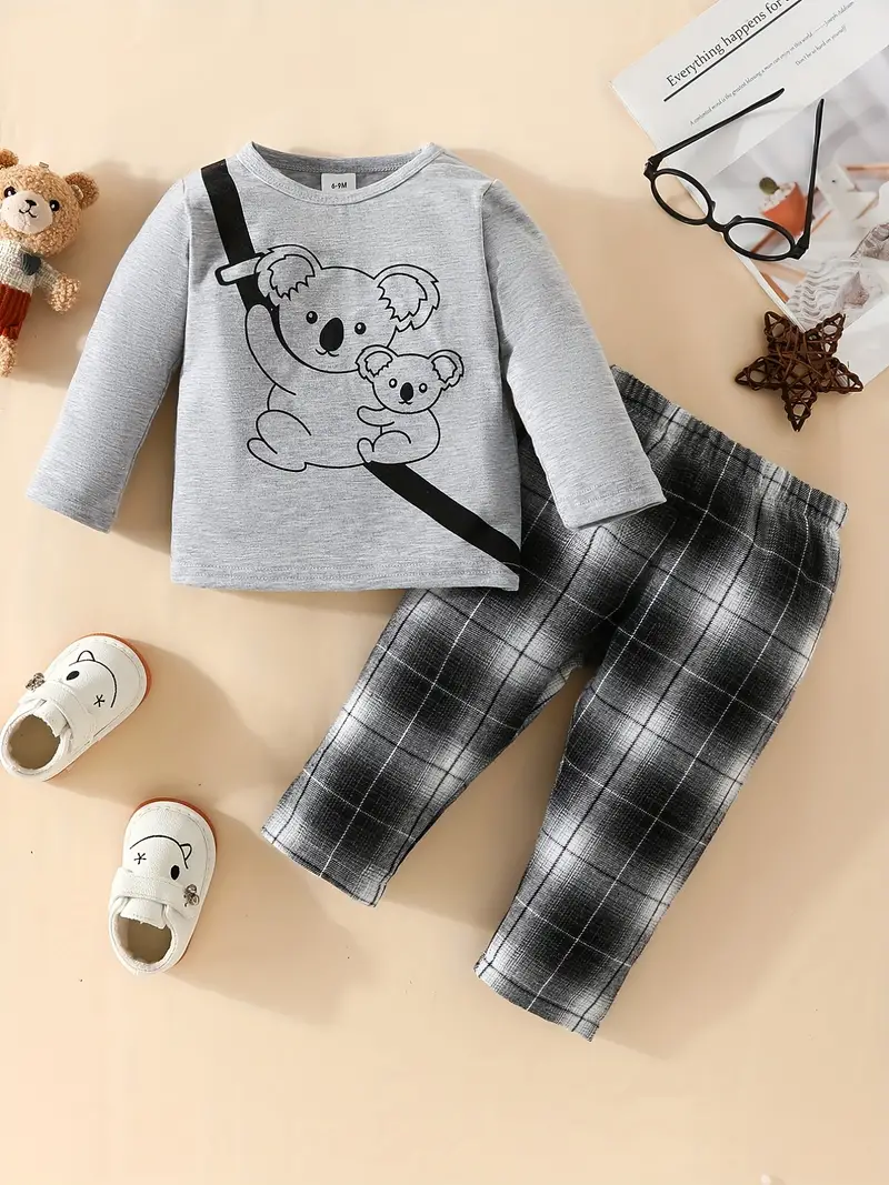 baby girls cute cartoon graphic t shirt plaid pants set for autumn and winter details 4