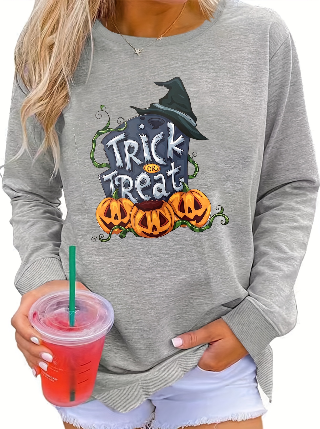 Pumpkin Season Print Sweatshirt Casual Long Sleeve Crew Neck - New