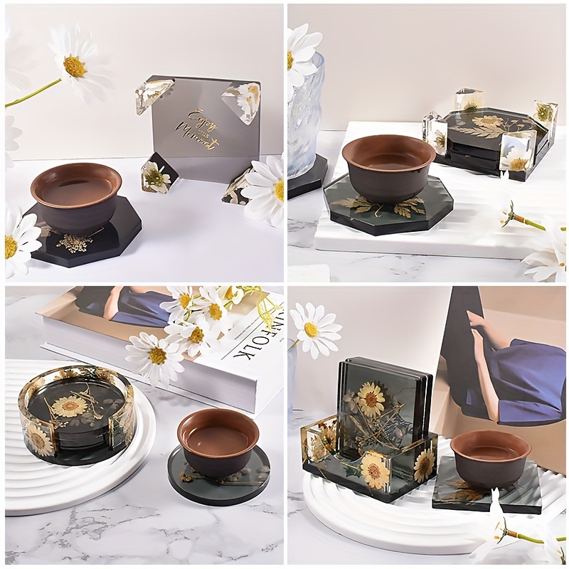 TikooTik 2 Pieces Coaster Molds for Resin Epoxy with Coaster Holder, Cup Mat Resin Molds Soap Tray Storage Box Silicone Mould for Making Wall Resin