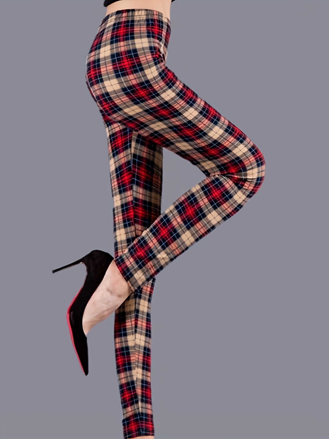 Sexy Plaid Print Leggings Casual High Waist Elastic Fashion - Temu