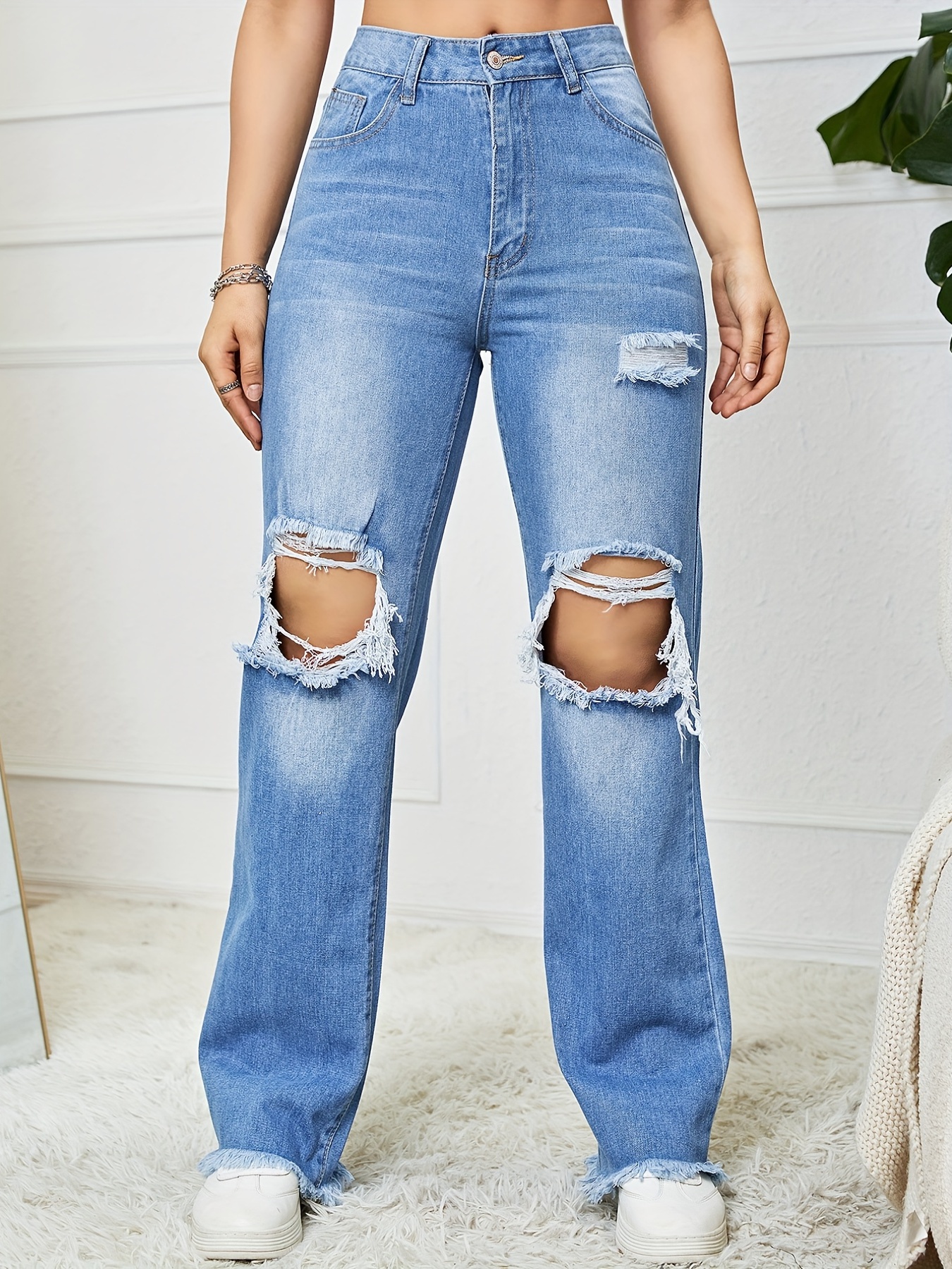 Ripped Stacked Denim Jeans - Temu