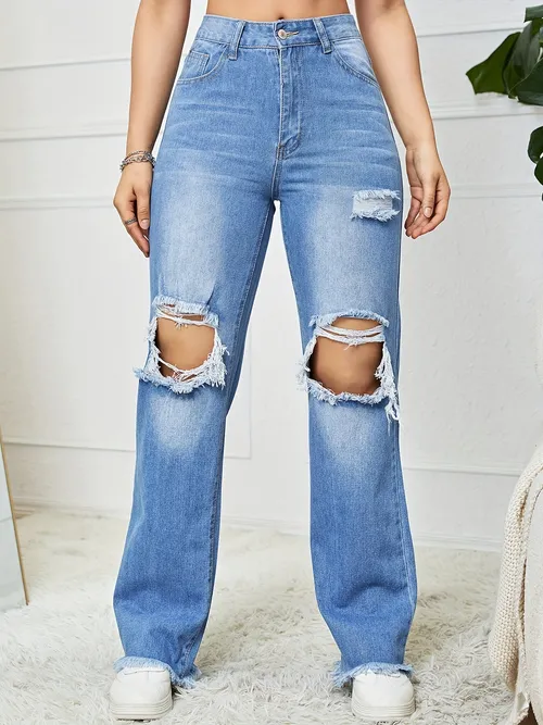 Ripped Stacked Denim Jeans - Temu