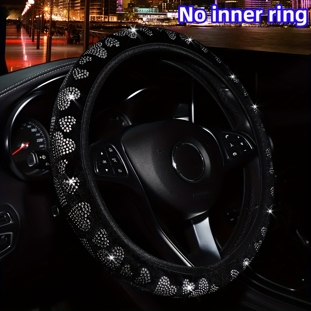 

1pc Plush Glitter Love Heart Inlaid With Artificial Diamond Car Steering Wheel Cover Without Inner Ring For Women For 14.5-15inch