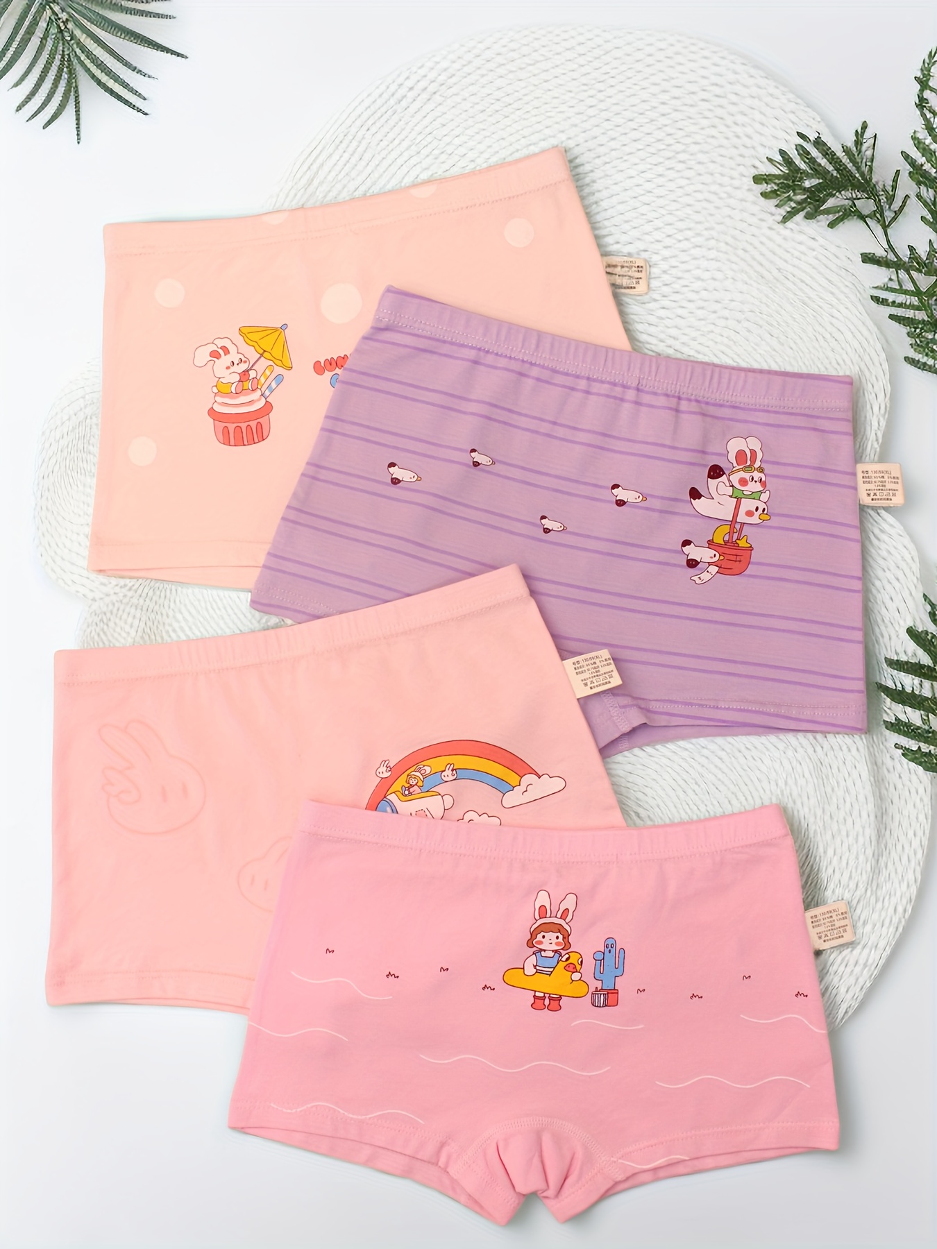 4 Pcs Toddlers Girls Fashion Underwear 95% Cotton Cute Rainbow Bunny  Pattern Antibacterial Crotch Breathable Boxer Soft Comfy Girls Underwear