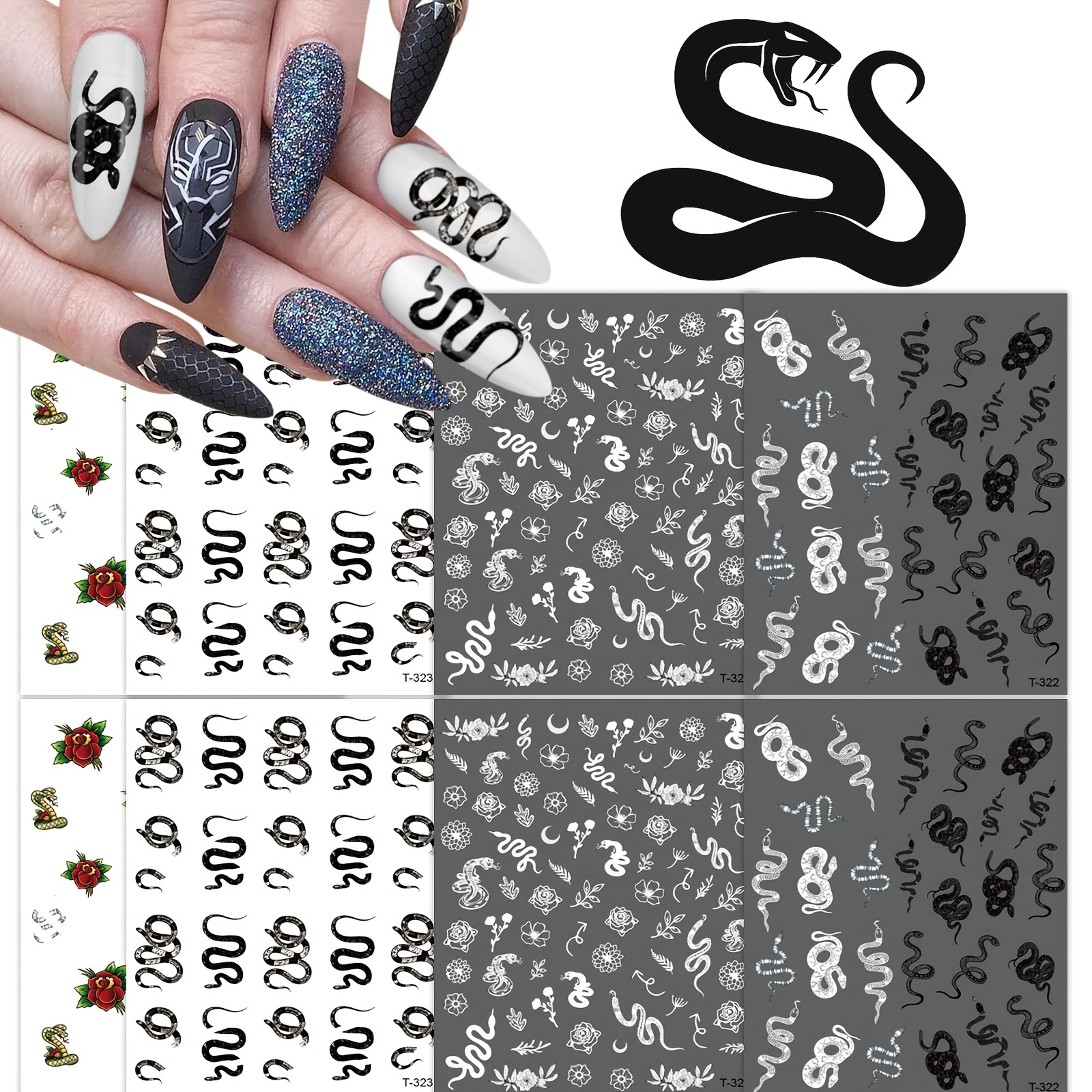 New 3D Black White Snake Leaf Nail Stickers for Nails Art