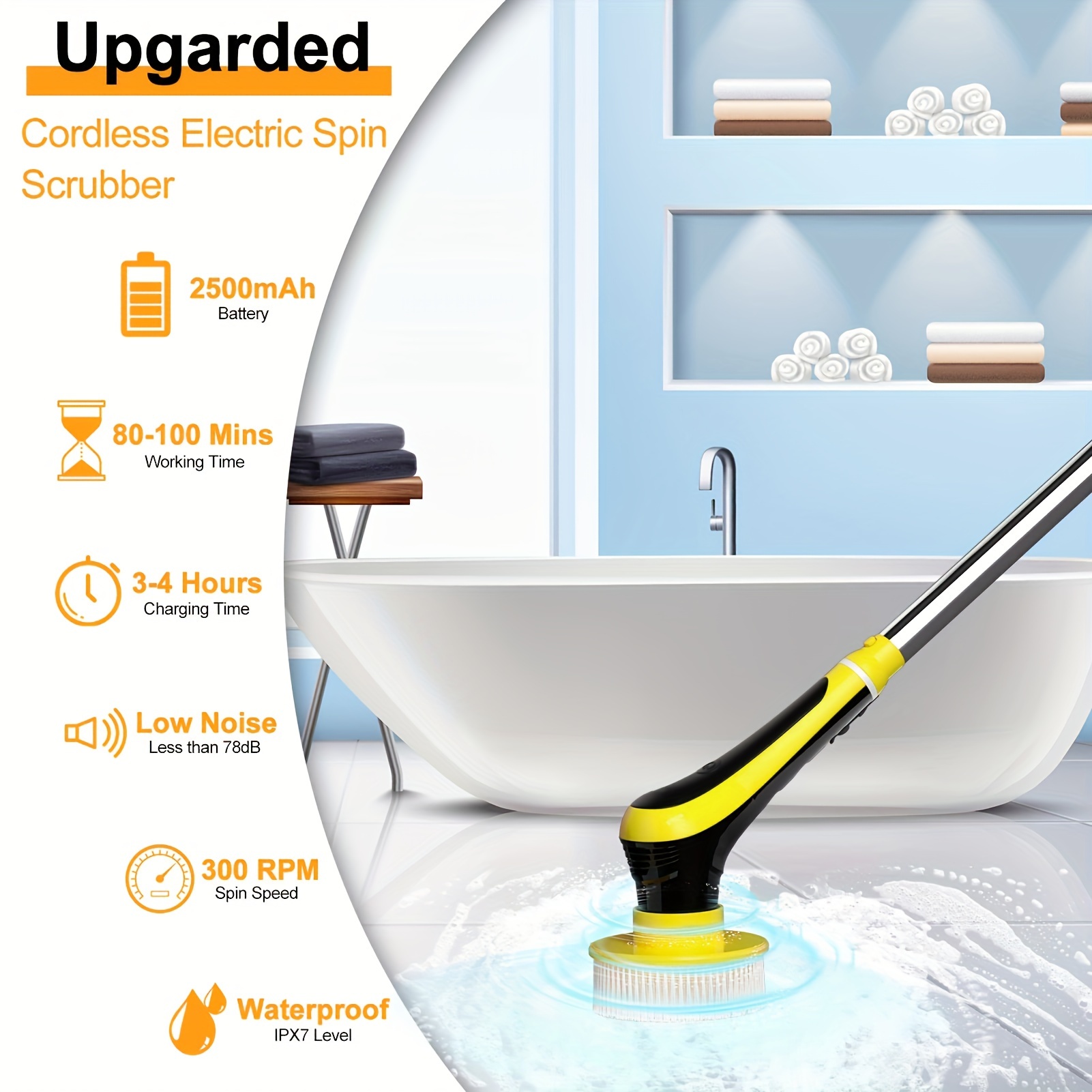 Cordless Bathroom Electric Spin Scrubber Brush With Rechargeable Battery