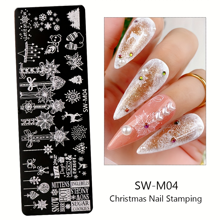JUNEBRUSHS 10Pcs Christmas Nail Stamping Plates, 6Pcs Nail Art Templates 2  Nail Stamper 2 Scraper with Snowflakes Snowman Santa Xmas Tree Ball Elk