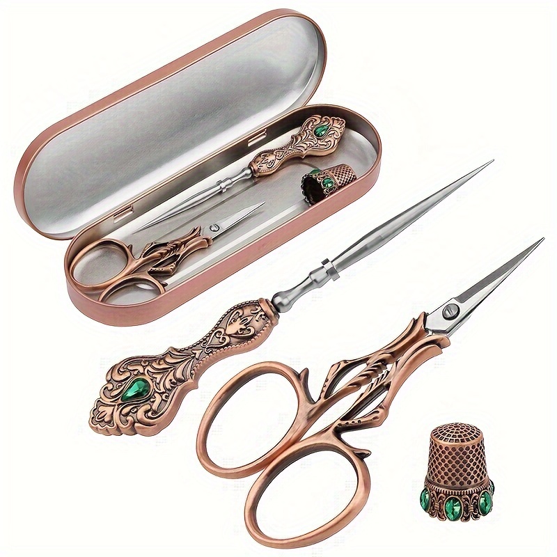 TEMU Vintage European Embroidery Scissor Set With Awl & Thimbles - Complete Sewing Kit For Crafts And Arts