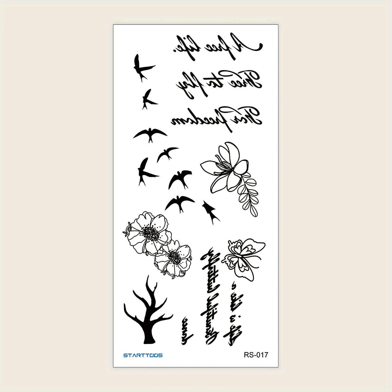 A Single Sheet Of Temporary Tattoo Sticker Featuring A Black Flying Bird Floral Word Pattern For The Arm, Wrist, Chest, Abdomen, And Back.
