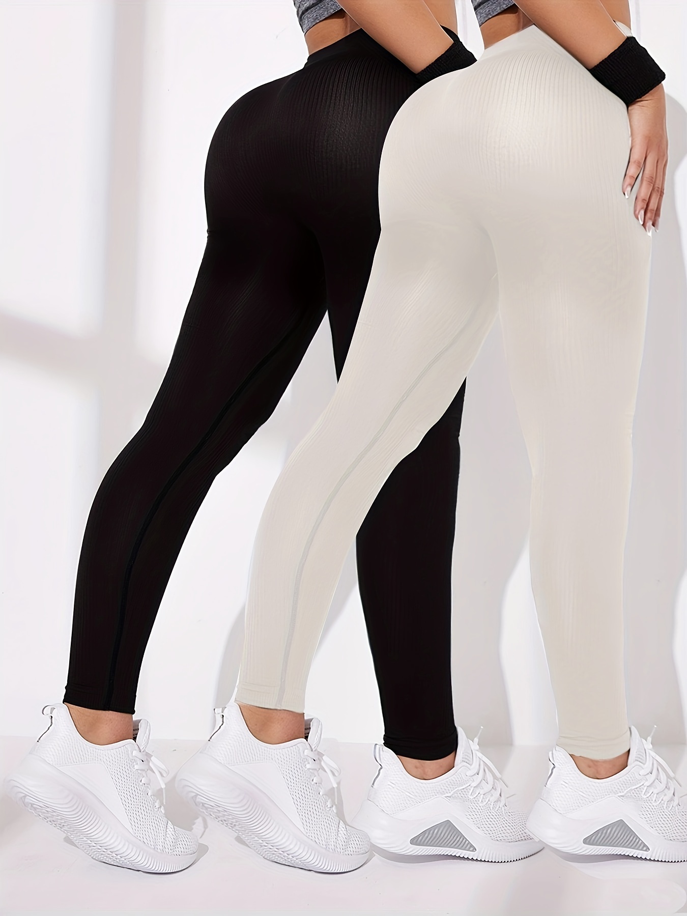 Ribbed High Waist Yoga Pants Women Solid Color High Stretch - Temu