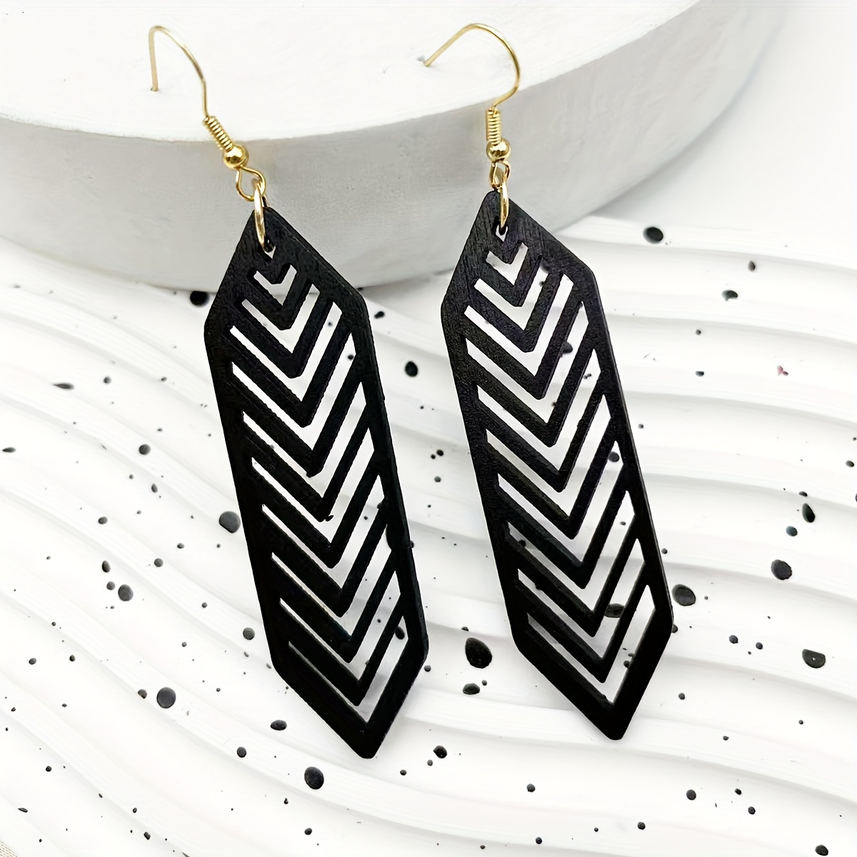 TEMU A Pair Of Long, Hollow Geometric Wooden Drop Earrings