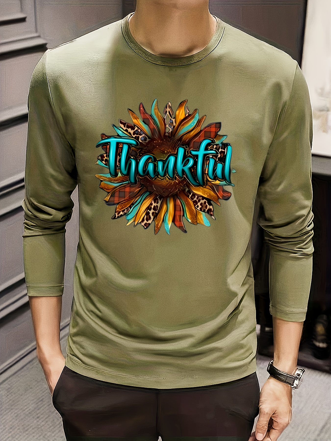 Plus Size 'thankful Sunflowers' Graphic Men's Casual T shirt - Temu Canada