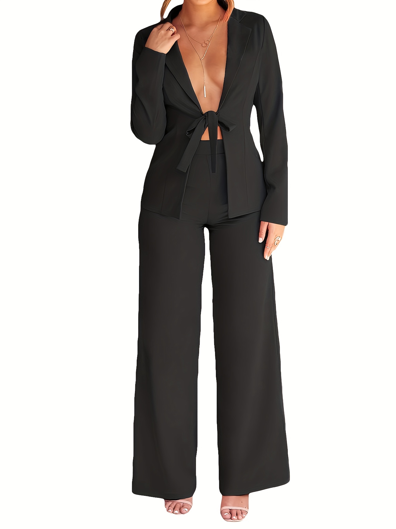 Women's Casual Suit Set, Plus Size Colorblock Houndstooth Print Button  Lapel Collar Long Sleeve * & Solid Pants Suit 2 Piece Set
