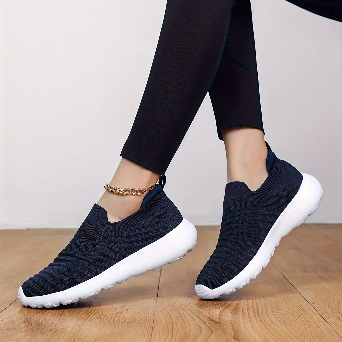 

Fashion Knit Textured Walking Shoes, Shock Absorption Slip-on Casual Sneakers For Women