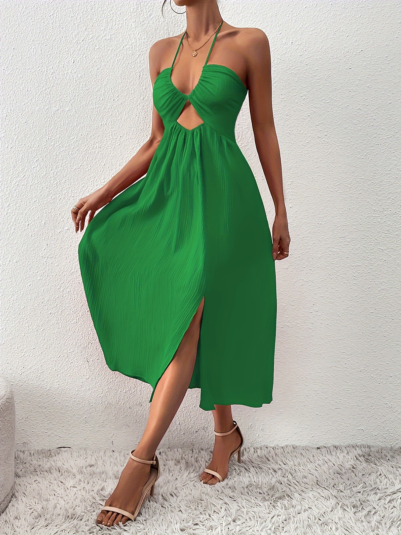 Summer New Halter Sling Sleeveless Solid Color Hem Slit Dress