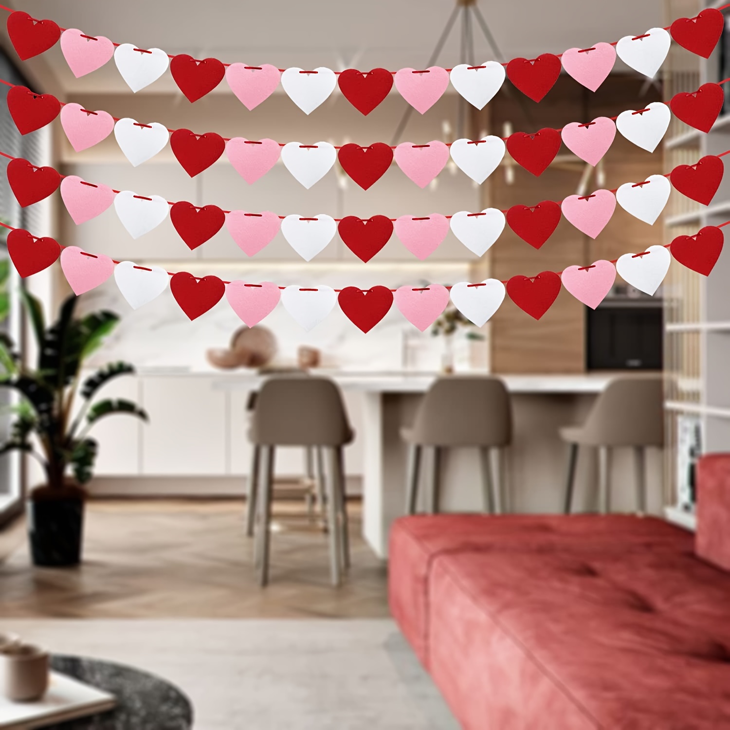 Felt Heart Garland Banner, Pre-Strung, Valentines Decorations, Red Pink  White