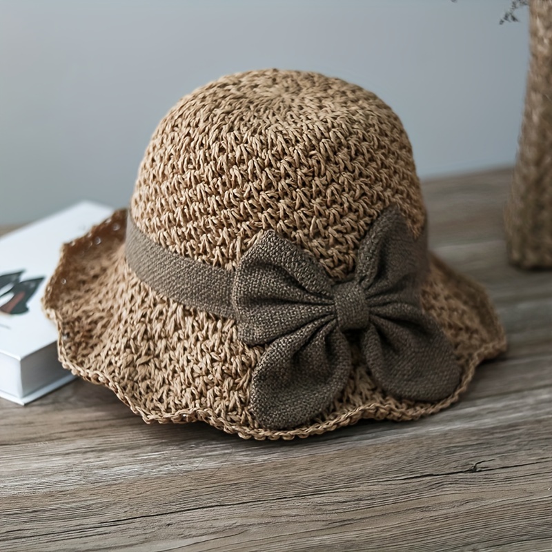 vintage ruffle bowknot straw hat elegant french style sun hats foldable breathable travel beach hats for women details 1