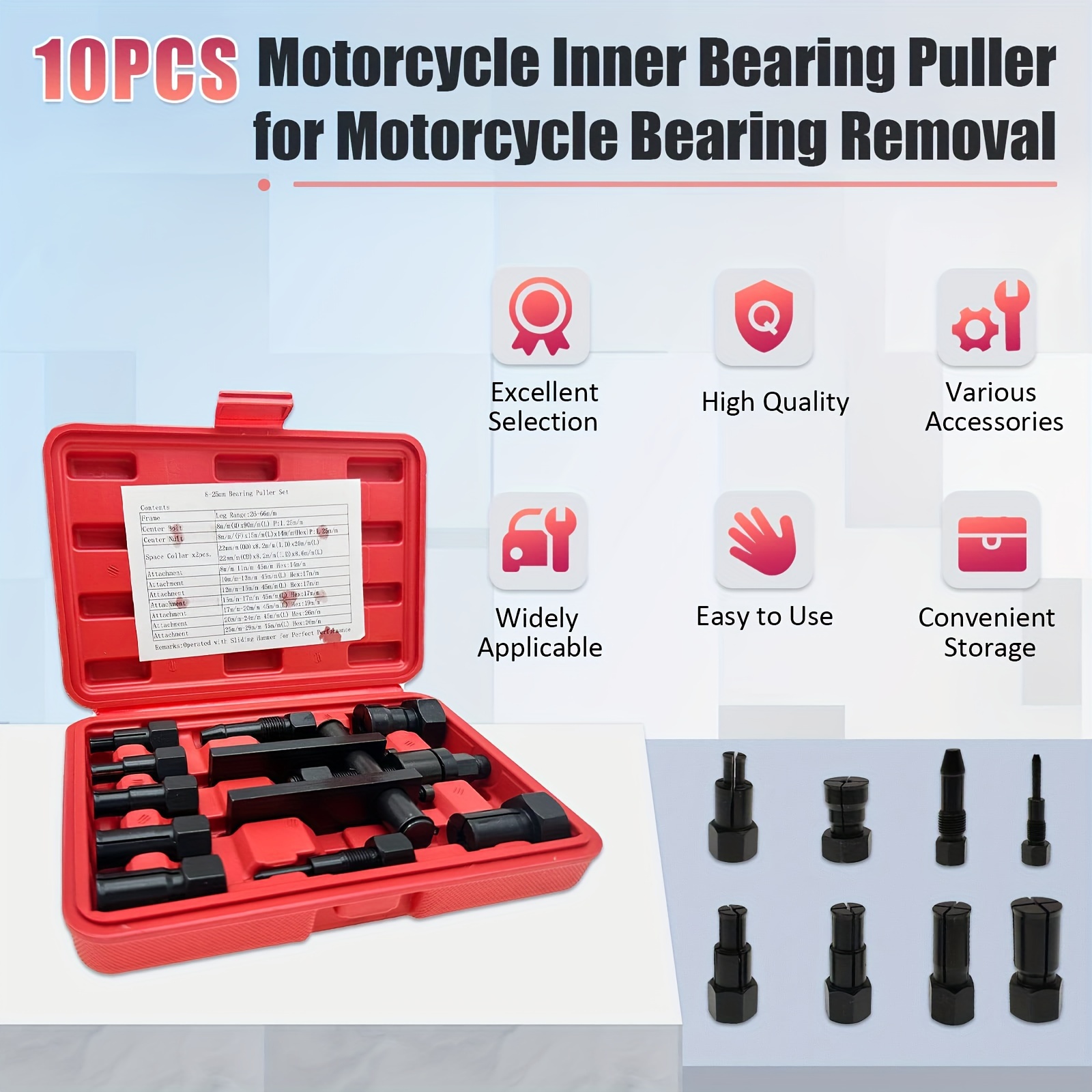 

Motorcycle Bearing Puller Tool Kit, Blind Inner Bearings Puller Bearing Removal Tool 8-25mm For Motorcycles Motorbike Tires