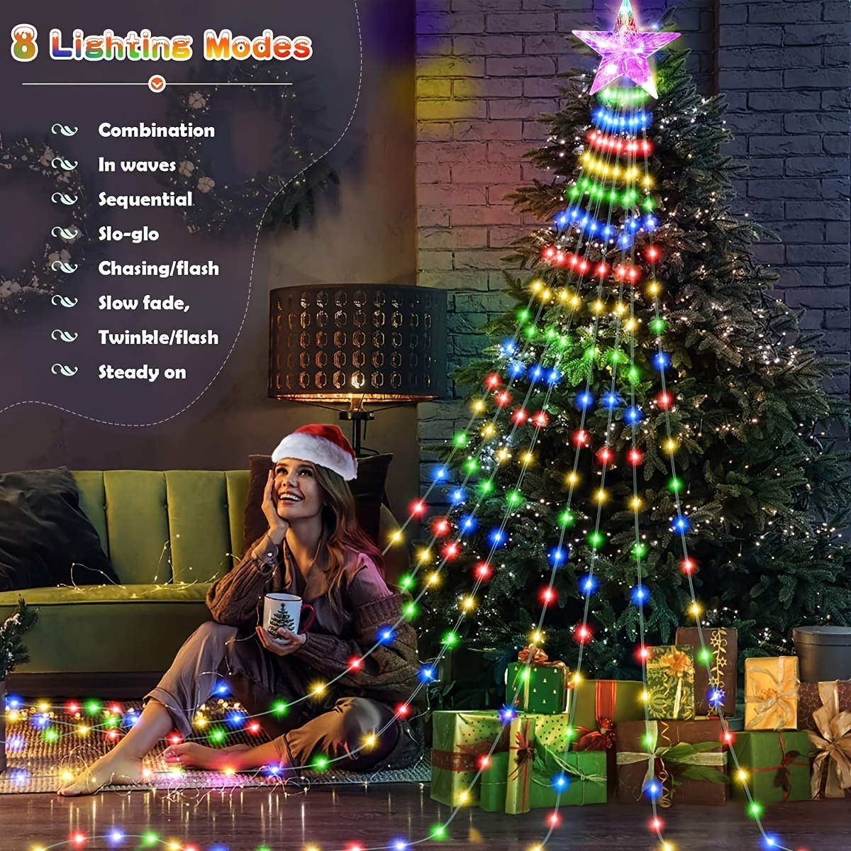 180 Led Christmas Star String Fairy Lights With Star Topper, 9 Strings 8  Lighting Modes, Waterfall Fairy Lights With Remote Control, Indoor Outdoor  Waterproof Light For Christmas Tree New Year Birthday Party Decorations -  Temu