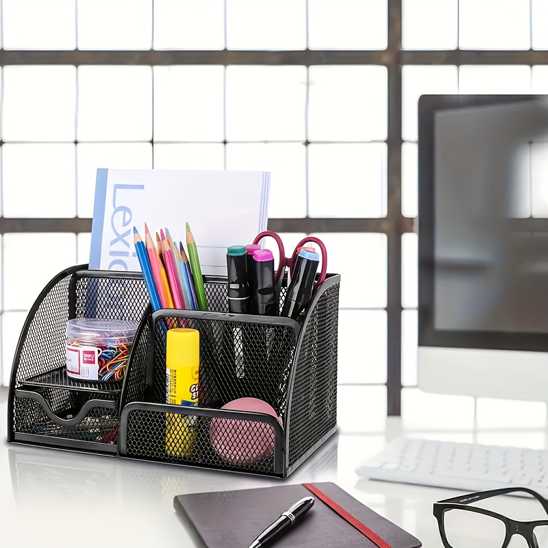 Office Desktop Organizer With Drawer Metal Stationary Black - Temu