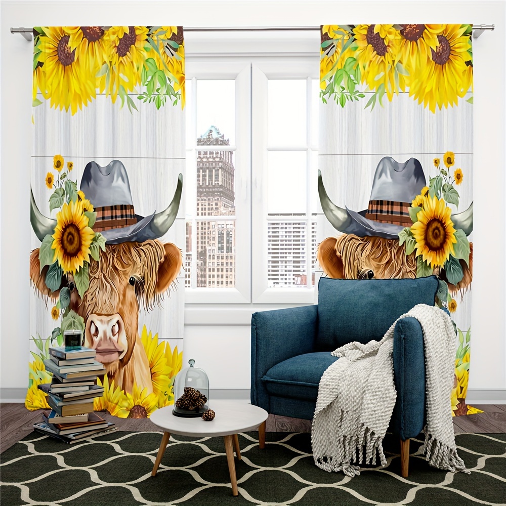 2 Panels Farmhouse Cow Kitchen Curtains Tiers Rod Pocket Short Small  Sunflower Farm Animal Cattle Rustic Black White Buffalo Plaid Cafe Curtain  Living Room Bedroom Window Treatment Home Decor - Temu