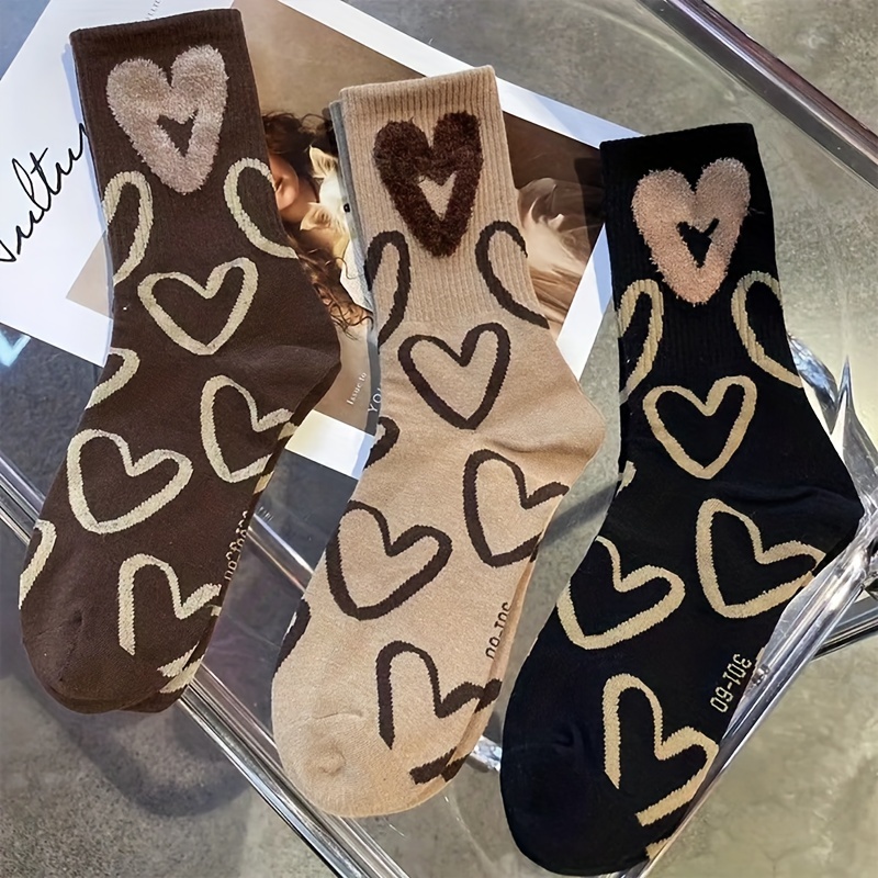 

3 Pairs Heart Print Socks, Comfy & Soft Mid Tube Socks, Women's Stockings & Hosiery