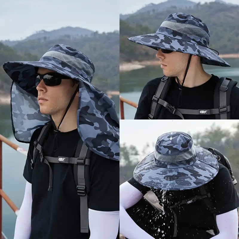 Camouflage Blue Fashionable Waterproof Hat, Men's 1pc Outdoor Summer Sunshade Big Brim Sun Hat, Bucket Hats Fishing Hat,Casual,Temu