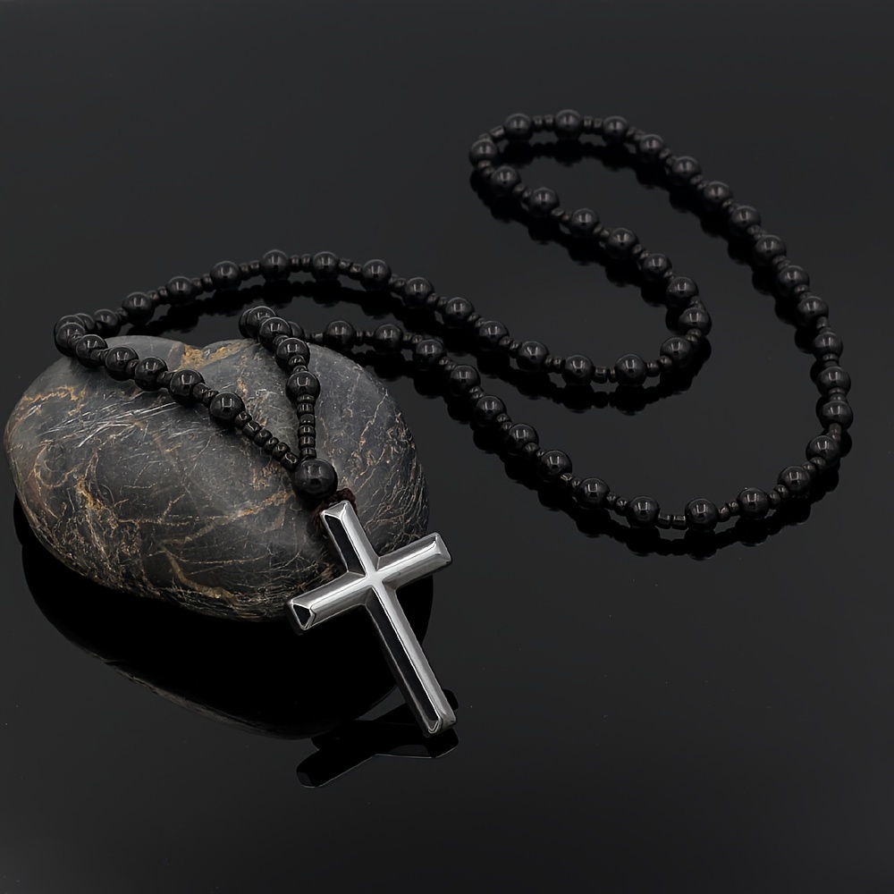 

1pc Black Hematite Cross Pendant, Glass Bead Long Chain, Rosary Prayer Baptism Necklace For Men Women Gift
