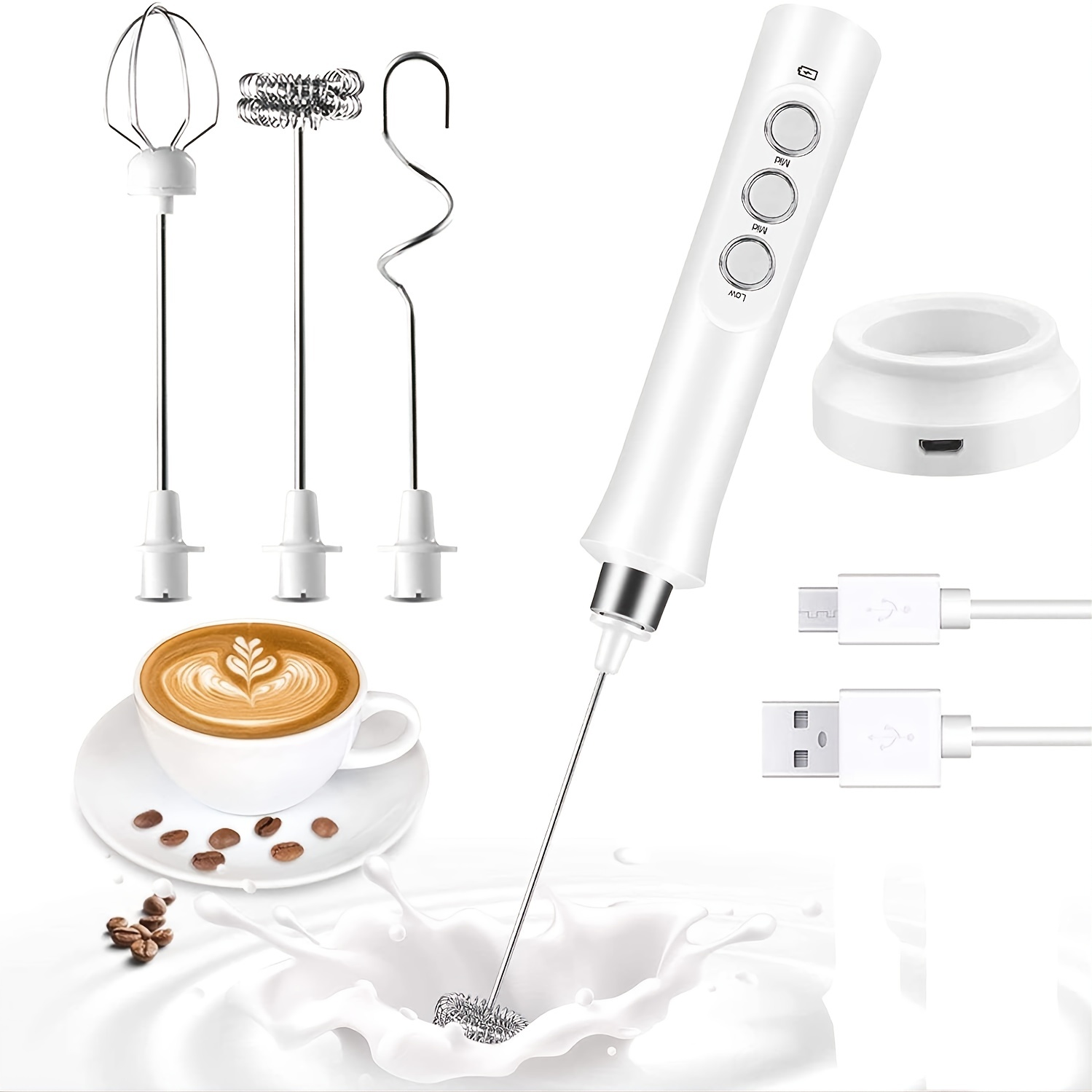 Rechargeable Milk Frother Mixer, Pitcher and Charging Base - 3 Speed  Frother Handheld for Latte, Drinks and Matcha - Includes Cup, Frother for  Coffee