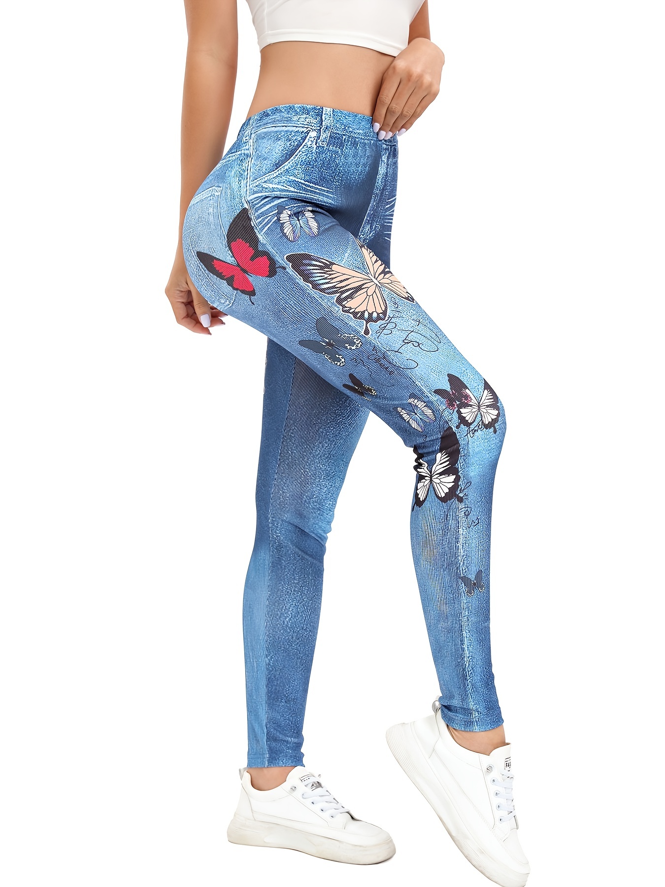 Butterfly Print High Waist Leggings Elegant High Stretch - Temu Canada