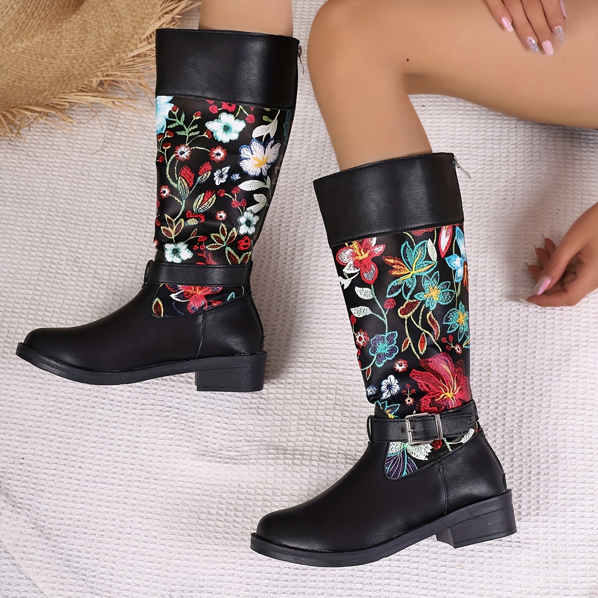 Botas de mujer con estampado floral y acabado de cuero sint tico estilo retro con cierre de cremallera ideales para uso al aire libre