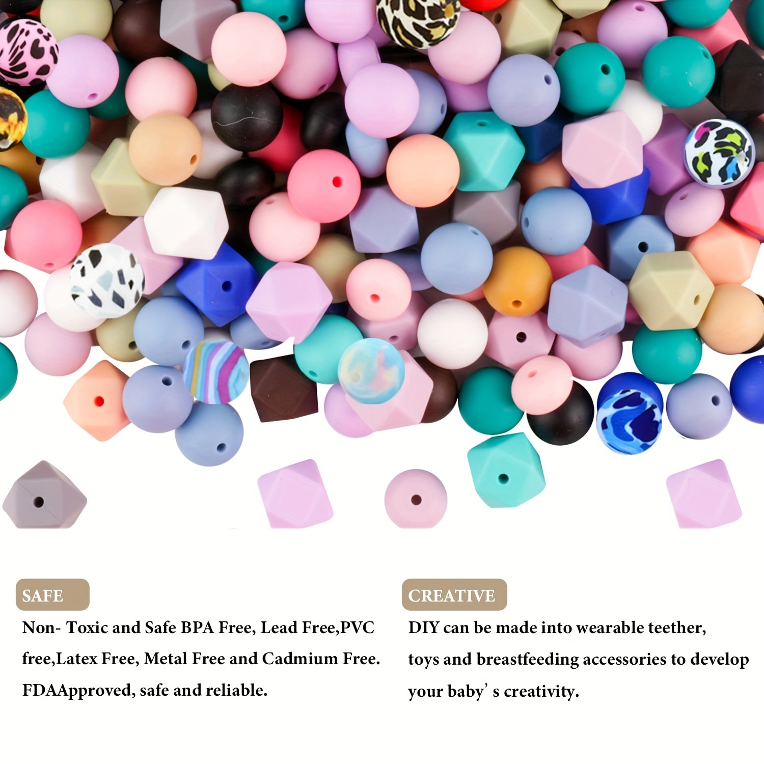 Silicone Beads Bulk Kit, Mixed Styles Mixed Size Round Hexagonal