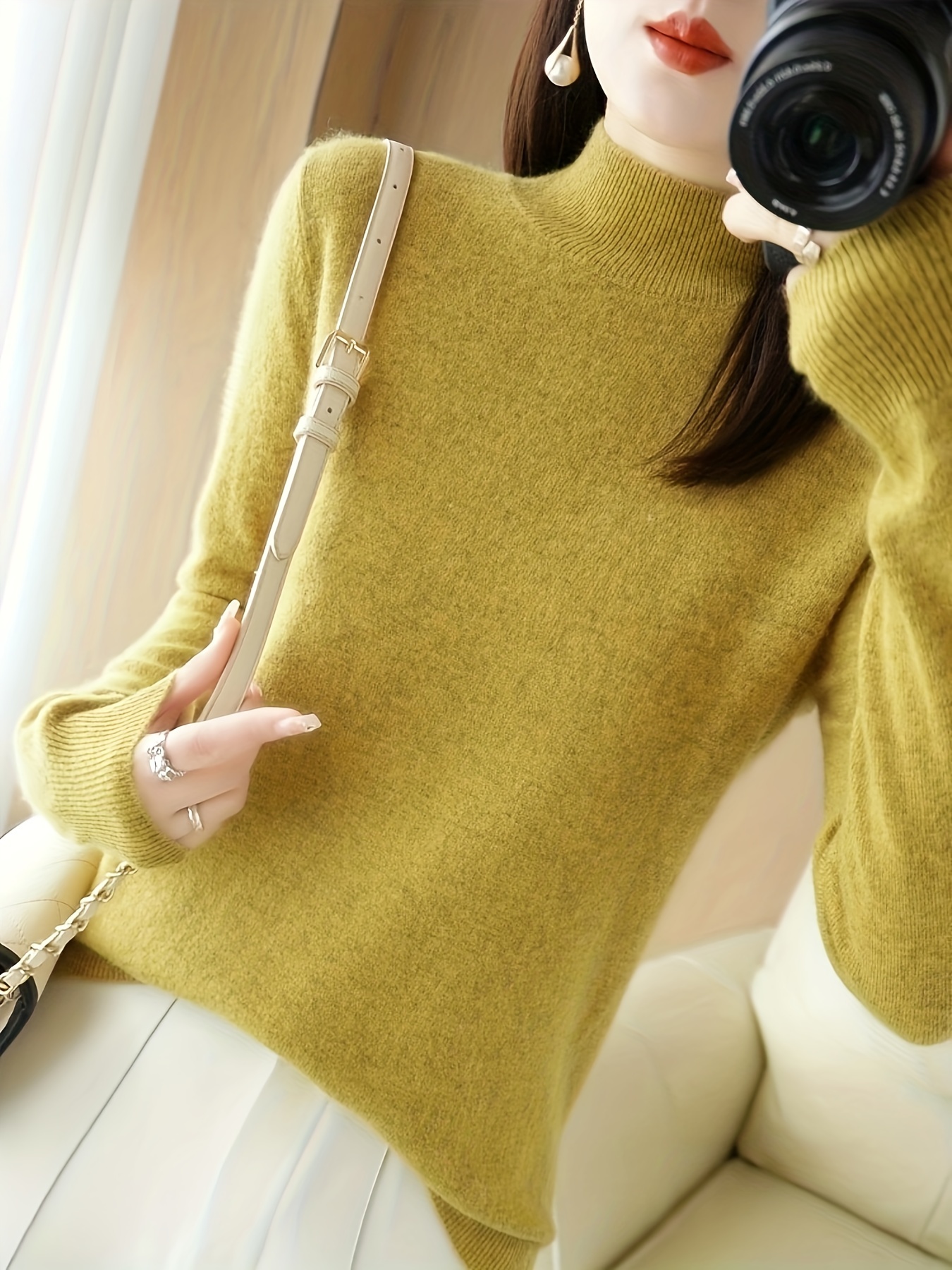 solid mock neck knitted top versatile long sleeve slim sweater womens clothing turmeric 0