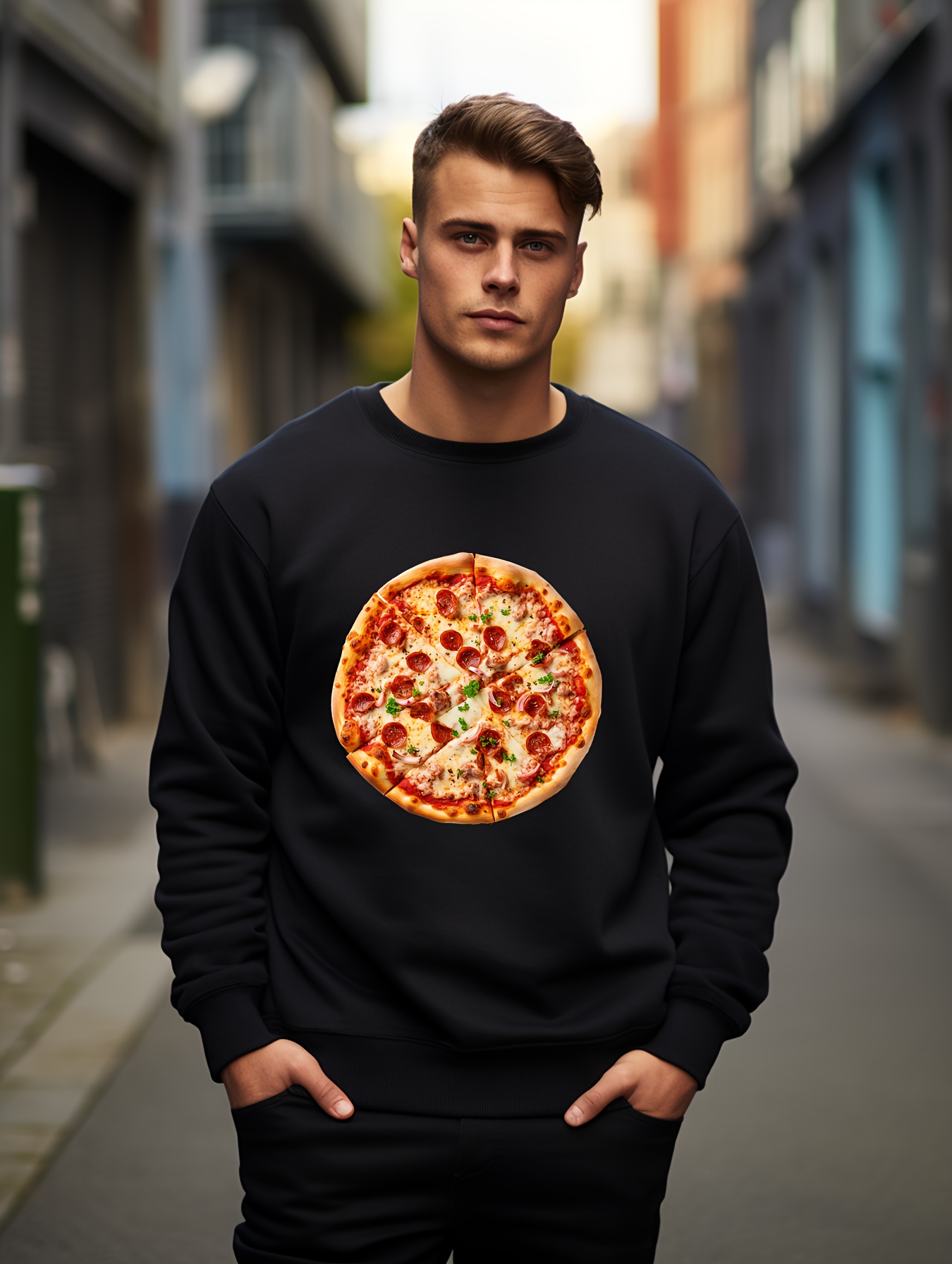 Pizza Illustration Print Trendy Sweatshirt Men's Casual - Temu