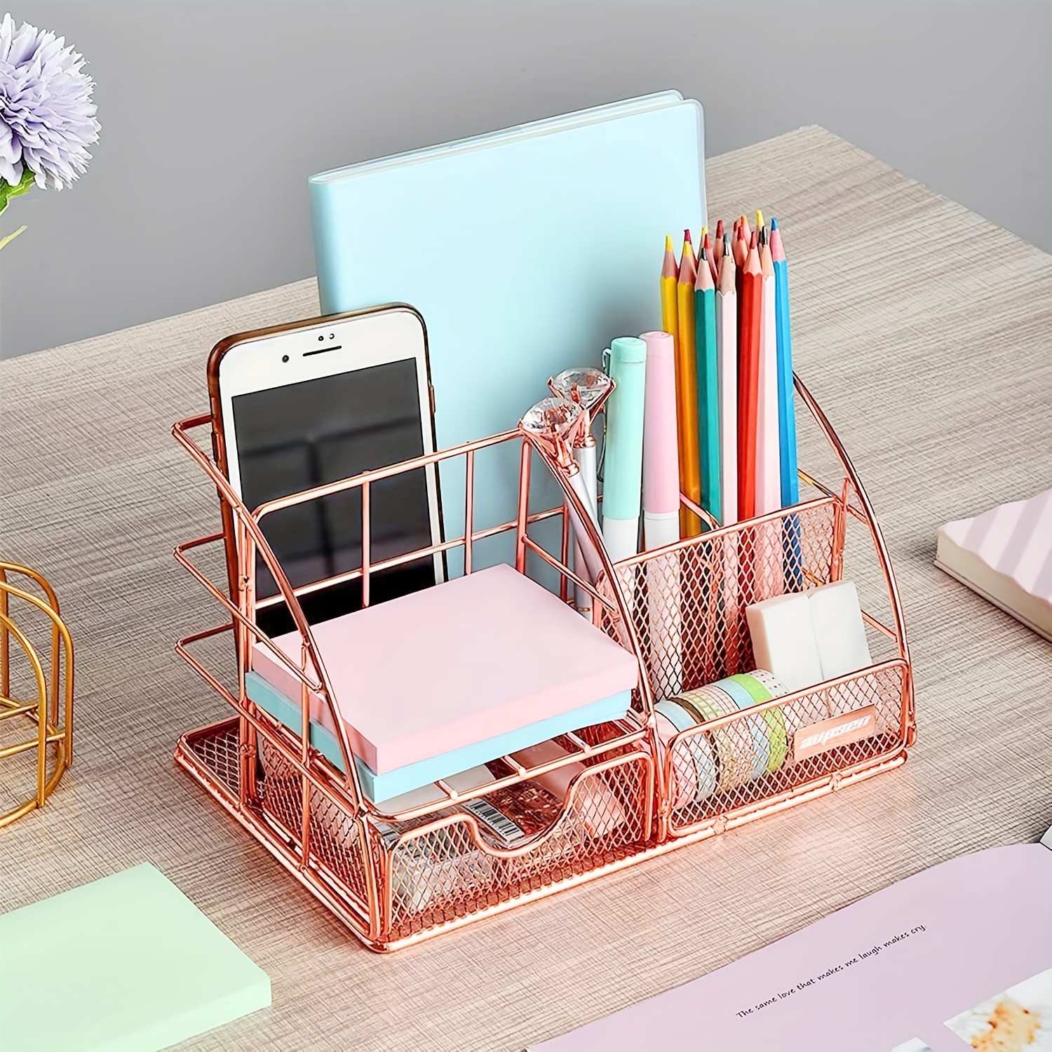 Desk Organizers and Accessories, Office Supplies Desk Organizer Caddy with 7 Compartments + Pen Holder / 72 Clips Set, Mesh Desk Organizer with Drawer