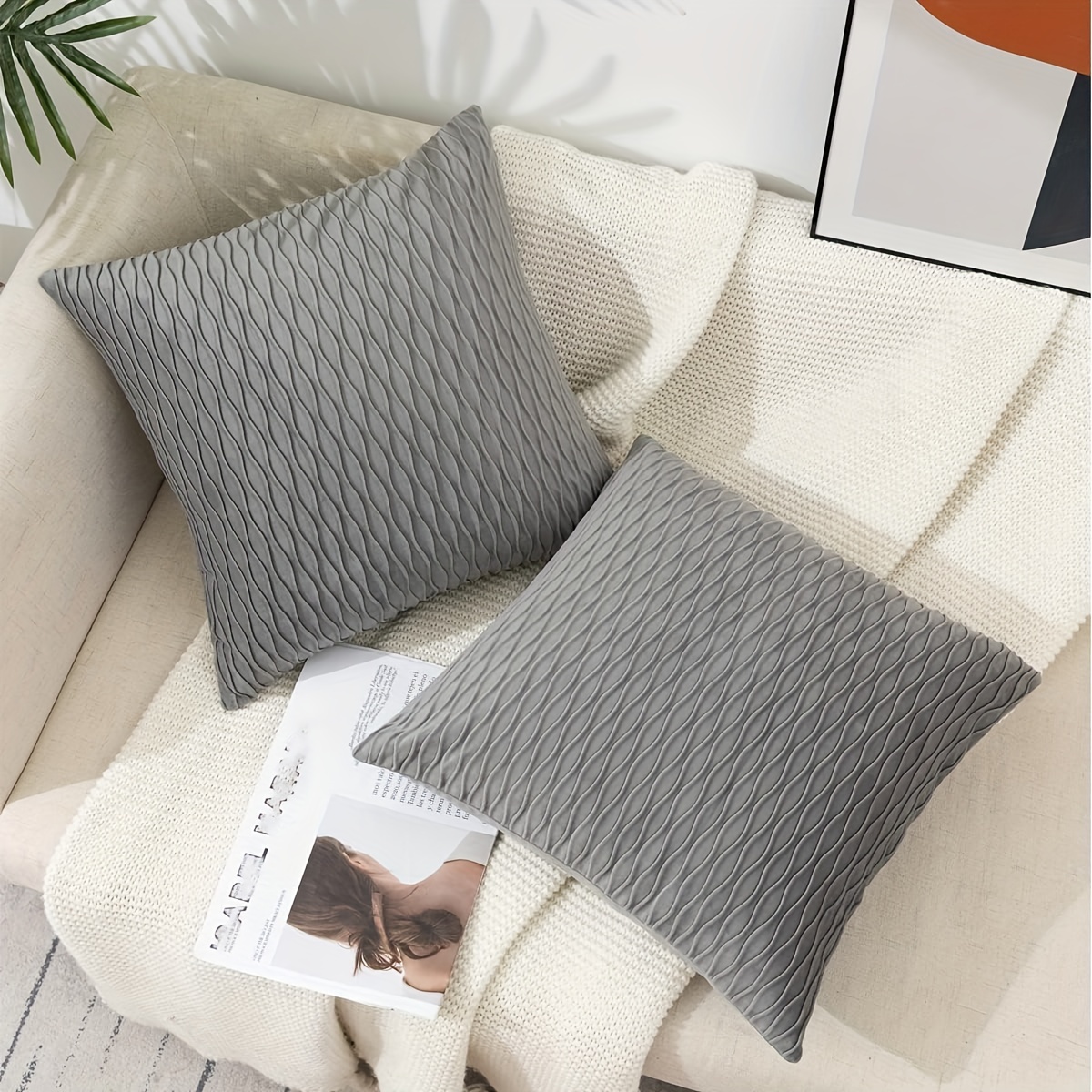 Throw Pillows With Inserts Included, With Velvet Striped Pillow Covers,  Grey Throw Pillow For Farmhouse Sofa Couch Home Decor - Temu