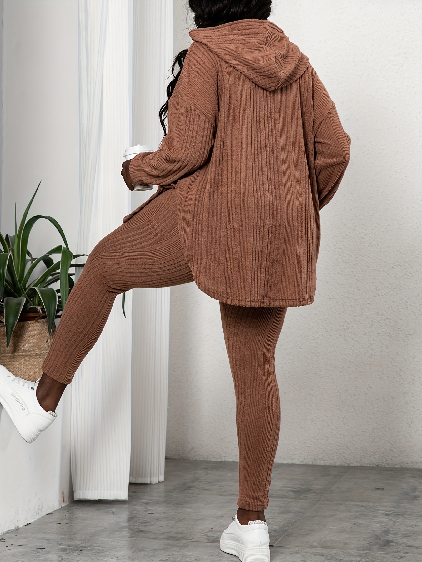 Plus Size Rib Knit Solid Long Sleeve Hoodie Tops & Leggings Set; Women's  Plus High Stretch Casual 2pcs Set Co-ords