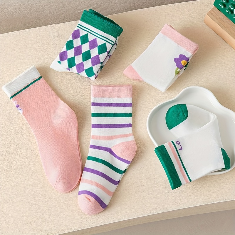 12pairs Girls Kids Breathable Comfy Crew Socks, Fashion Color Block Socks,  Children's Socks