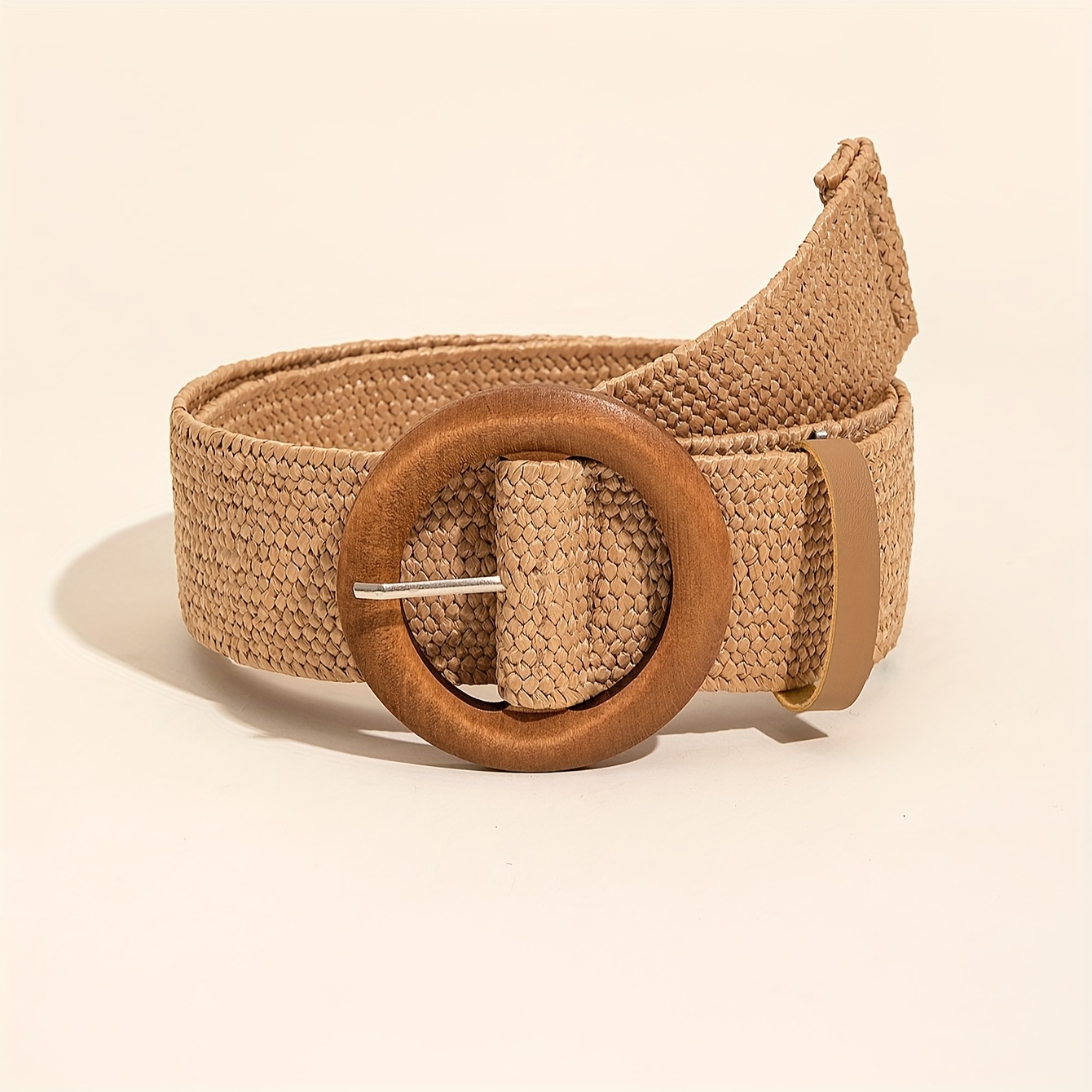 Boho Braided Brown Straw Belt Classic Round Buckle Wide - Temu