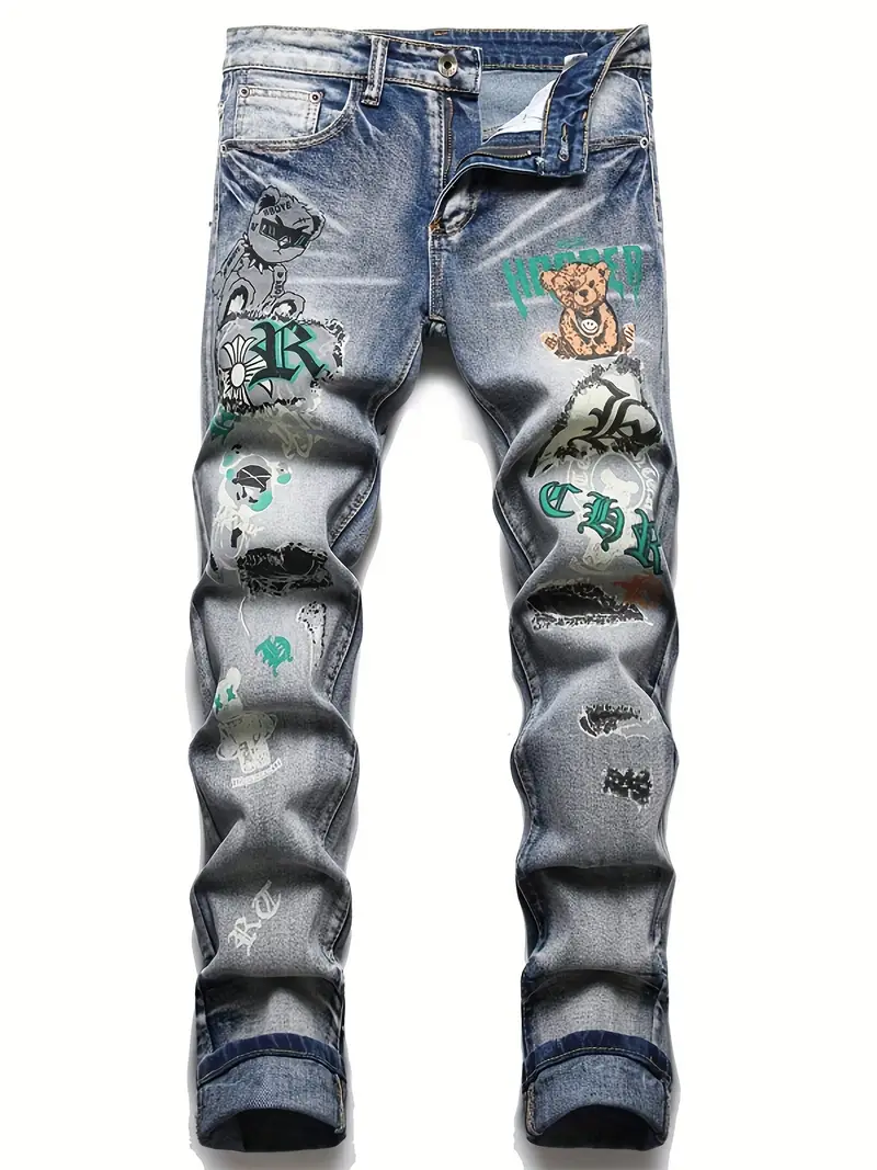 New Men's Stylish Jeans Bear Graphic Stretch Graffiti Print Jeans - Temu
