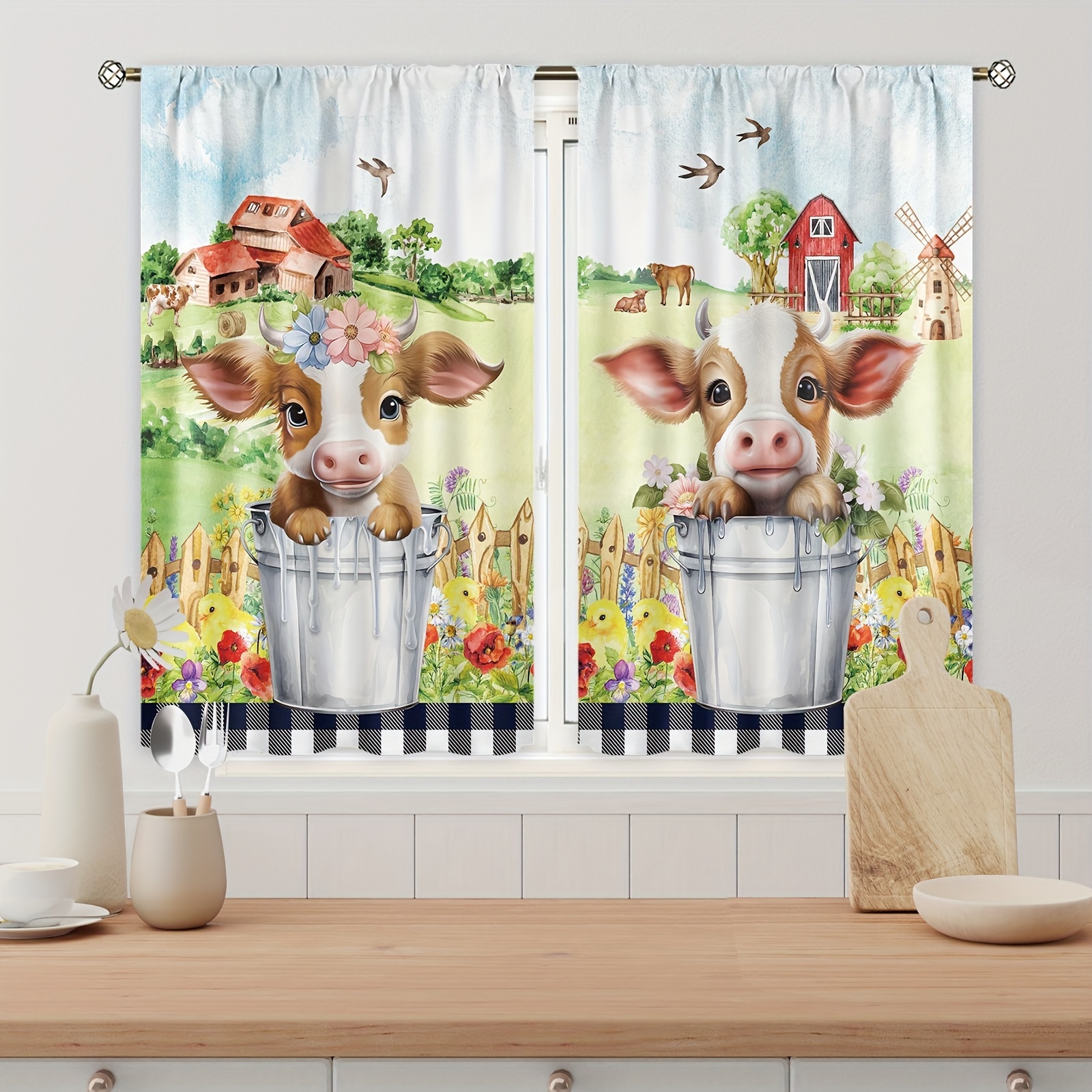 Cortina de cocina de algodón, estilo rural, cortinas pequeñas con cenefa,  bolsillo para barra, para decoración de ventanas, gabinetes, cafeterías