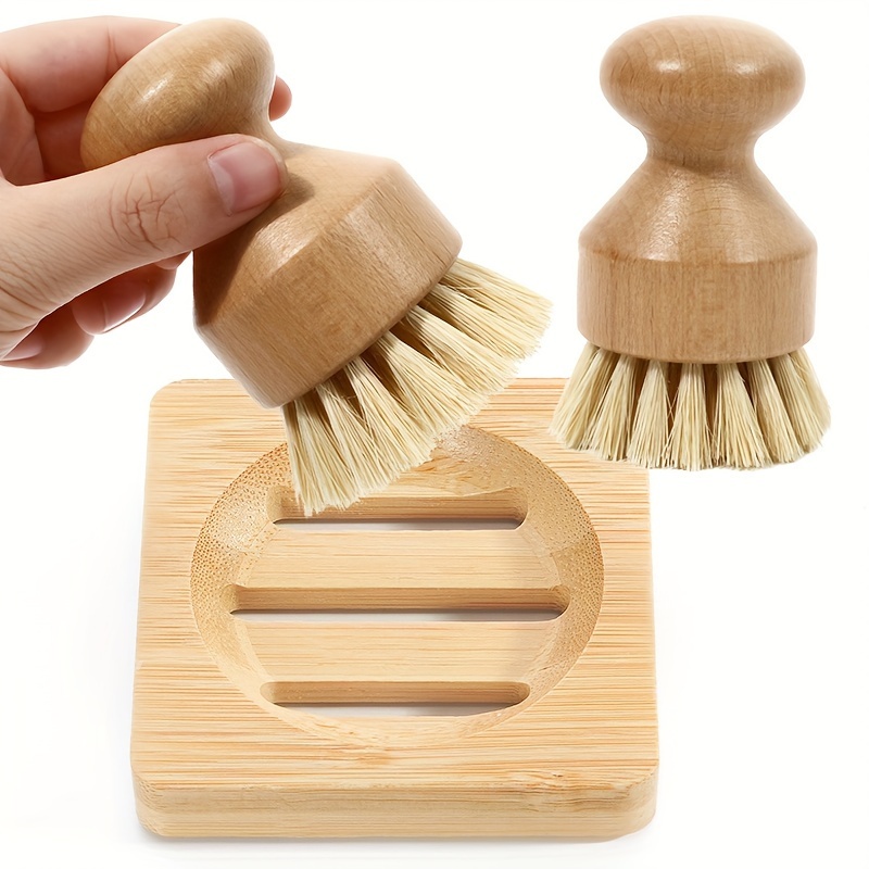Palm Pot Brush- Bamboo Round 3 Packs Mini Dish Brush Natural Scrub Brush  Durable Scrubber Cleaning Kit with Union Fiber and Tampico Fiber for  Cleaning