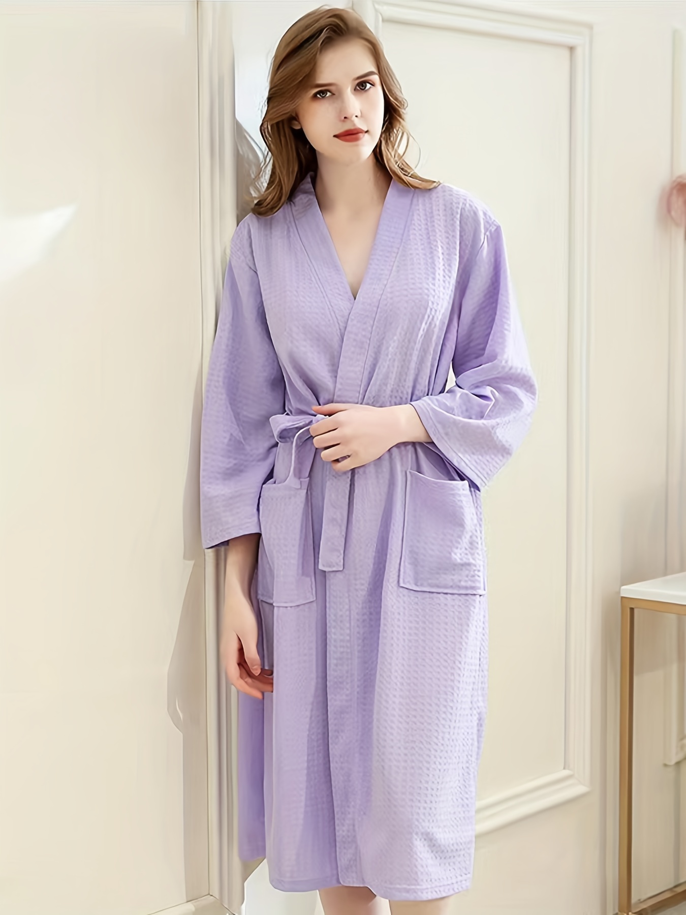 Ruziyoog Women Kimono Robes with Belts Soft Waffle Knit Spa Long Bathrobe  Lightweight Casual V-neck Casual Ladies Loungewear at  Women's  Clothing store