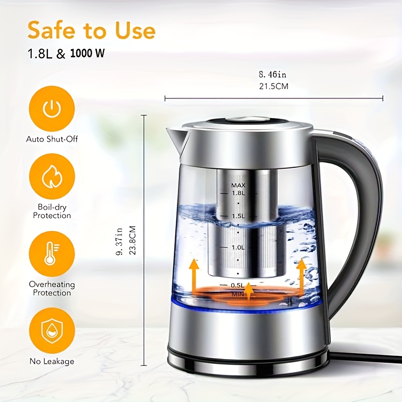 Electric Kettle Keep Warm, 1.8L Glass Tea Kettle, Hot Water Boiler with LED  Light, Auto Shut-Off & Boil Dry Protection, Stainless Steel