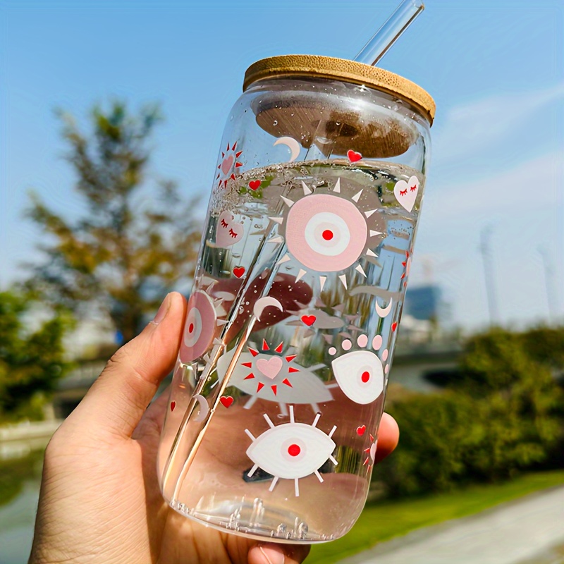 1pc, Vaso de vidrio con tapa y pajita, botella de agua estilo origami  japonés de 500 ml/16.9 oz, vasos de agua transparentes, utensilios para  beber en