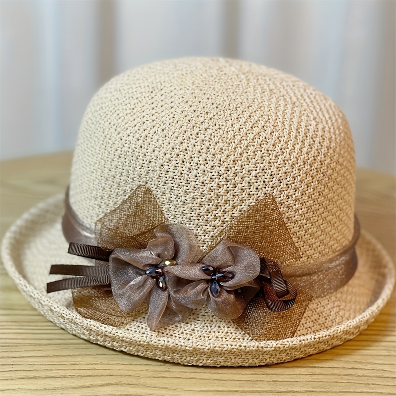 Rolled Brim Flower Decor Sun Hat Vintage Crochet Breathable - Temu