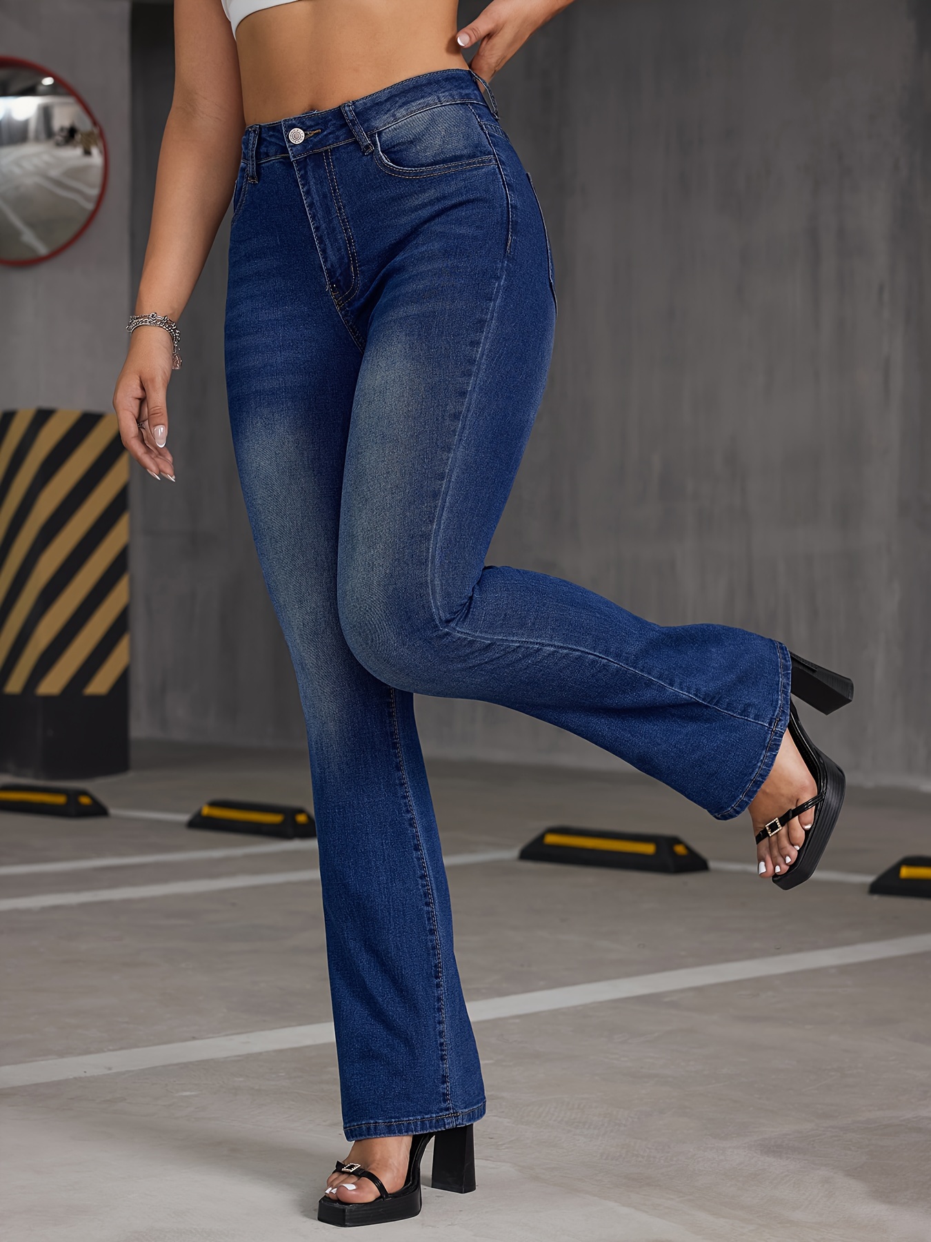 Blue Slant Pocket Bootcut Jeans stretch Washed Versatile - Temu