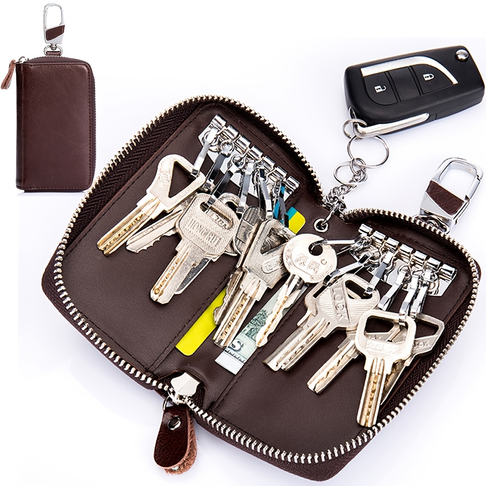 Men Leather Zip 6 Hook Key Case Car Key Holder Wallet Car Key Case
